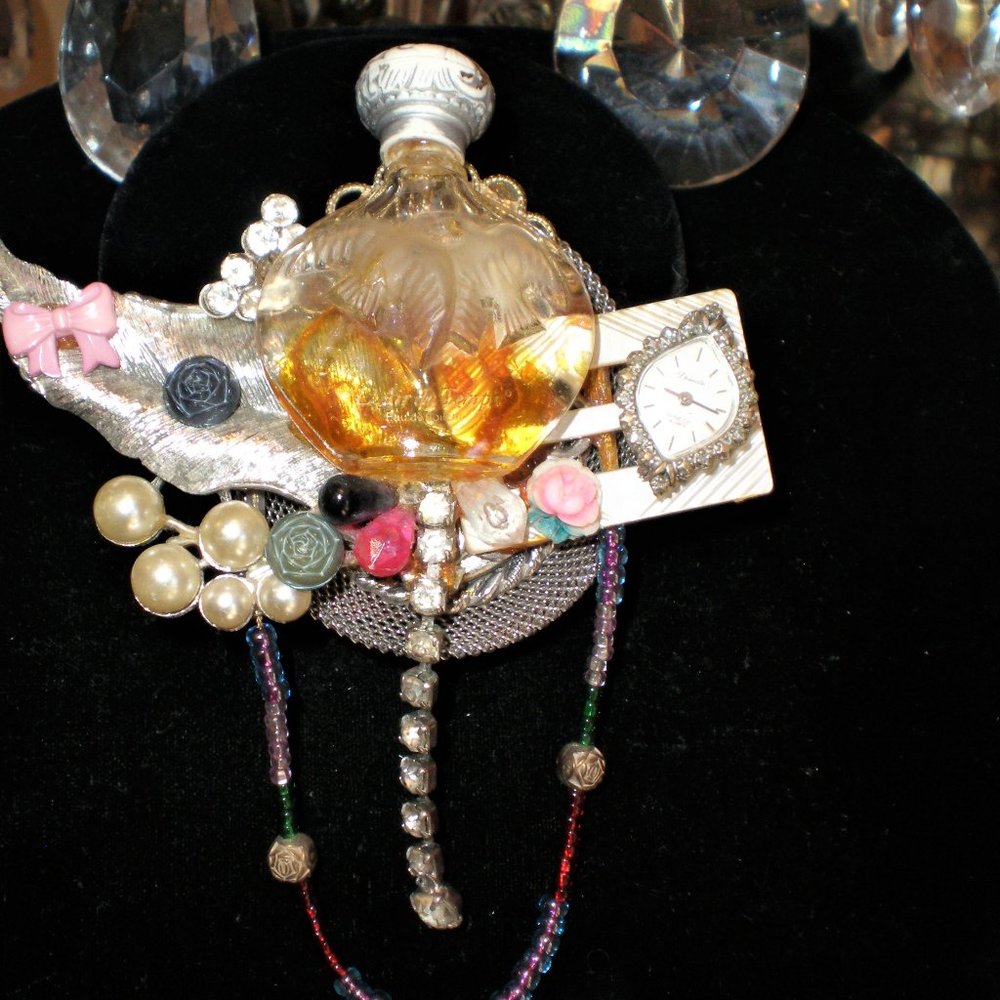 Handmade OOAK Artist Vintage Brooch Pin w/Perfume Bottle and Diamond Watch